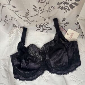 NWT Panache Clara Full Cup Elegant Black Lace Bra in Charcoal Black- 30HH